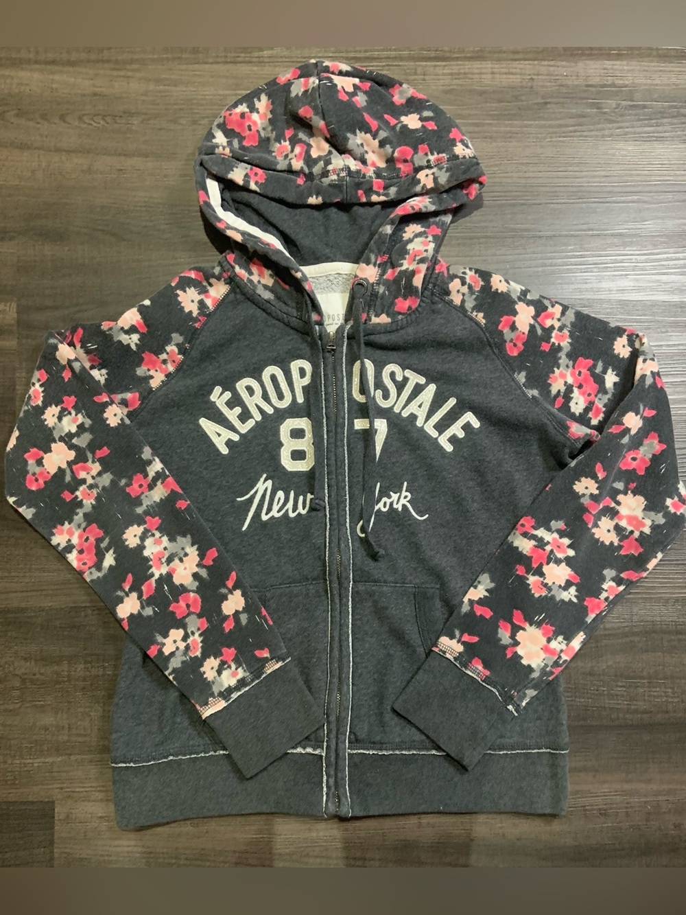 Aeropostale Girls' Dark Gray Zip Hoodie with Pink & Cream Floral Sleeves
